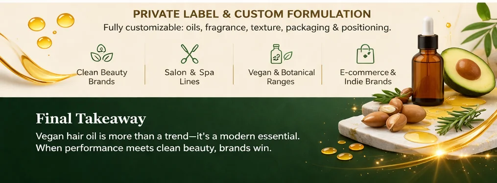 Graphic promoting private label and custom formulation for vegan hair oil with customizable options around oils, fragrance, texture, packaging, positioned alongside natural ingredients like avocado and nuts.
